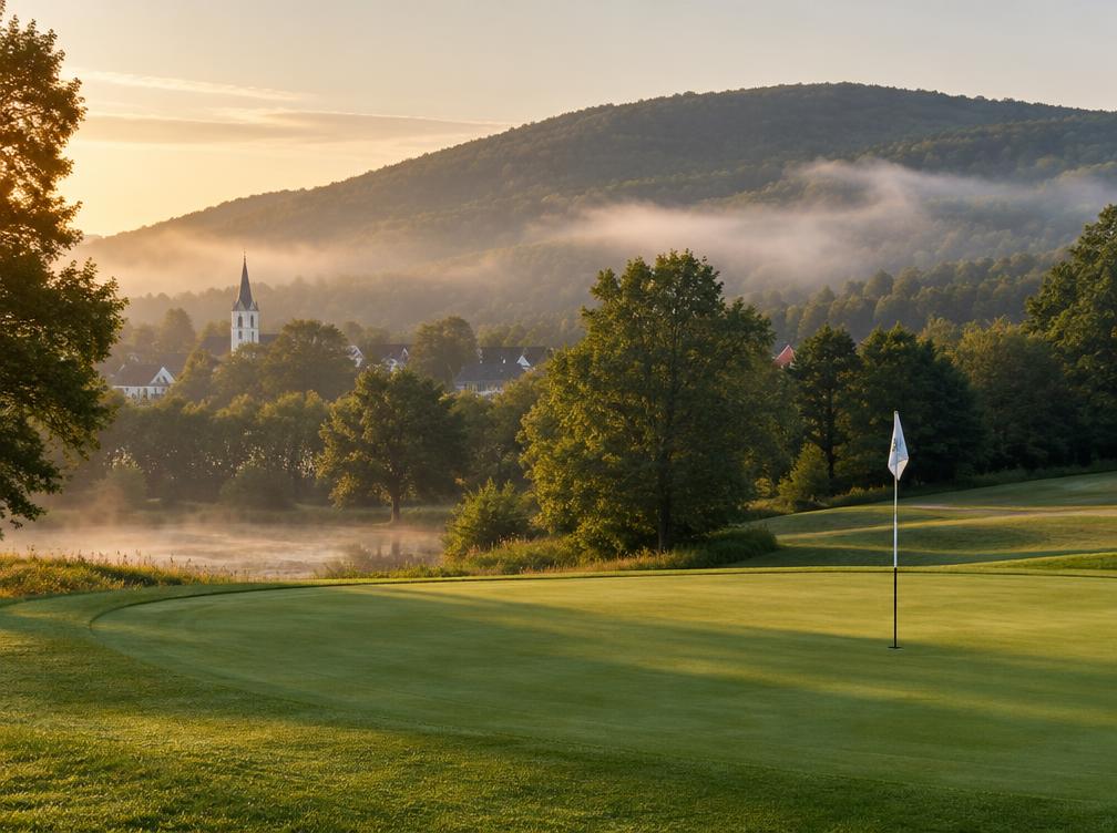 Morning mist over a small town golf green with a flagstick