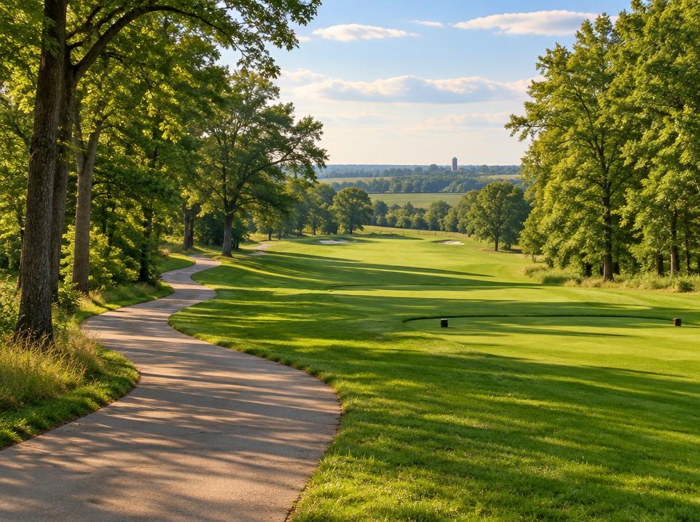 Cart path curving through a tree-lined fairway