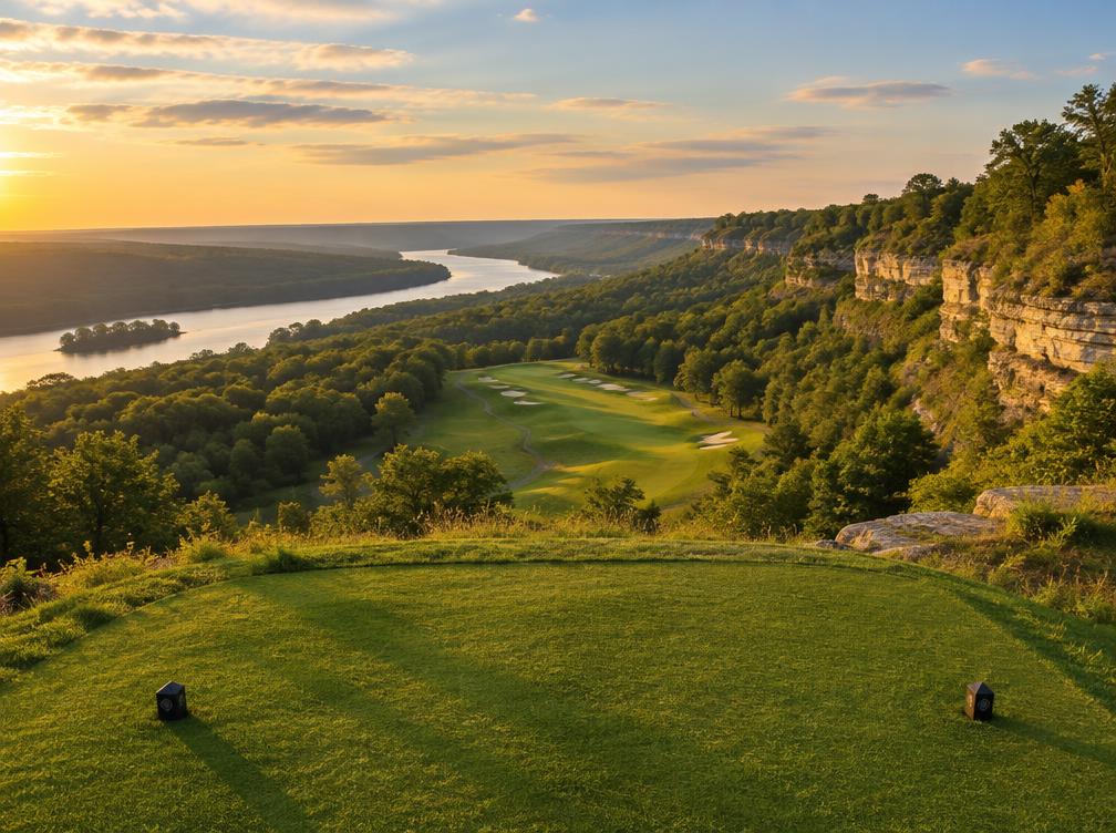 Elevated tee overlooking a river valley at golden hour