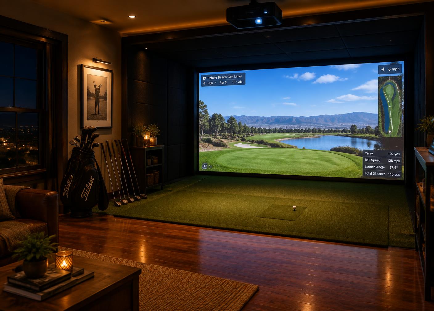 Indoor golf simulator bay with a course projected on a large screen